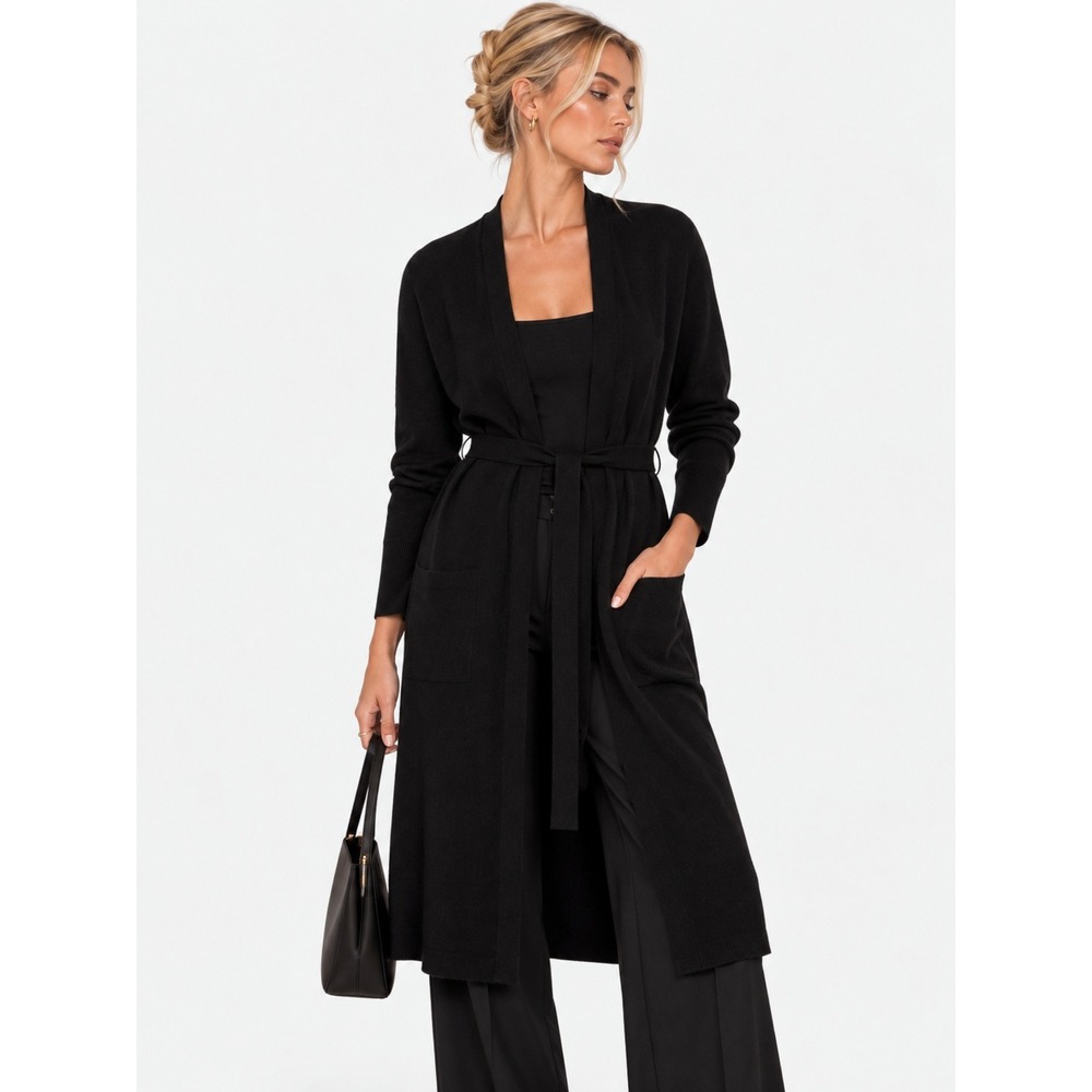 Charter Club Luxury 100% Cashmere Black Longline Belted Cardigan Sweater Large